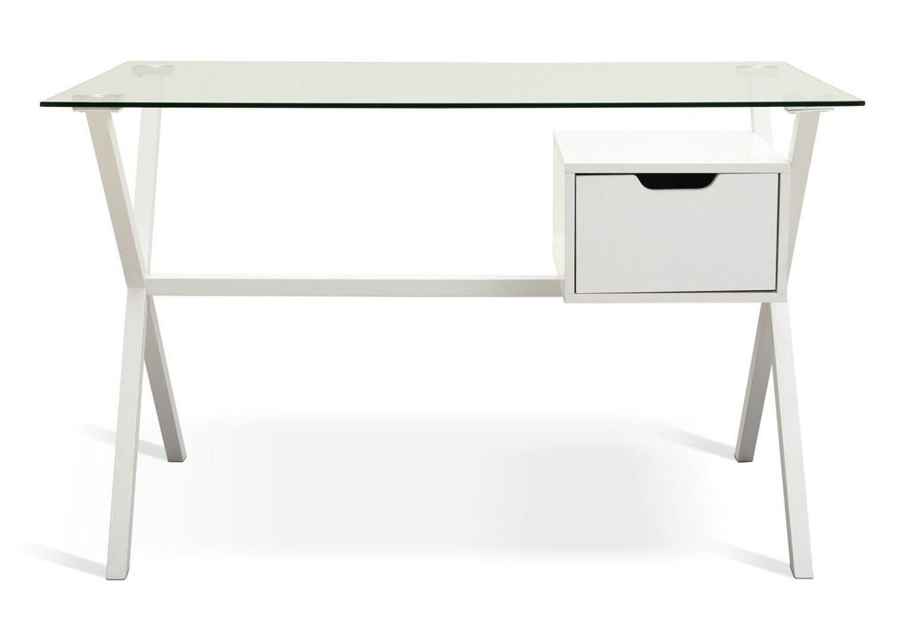Habitat Dria 1 Drawer Office Desk White | Modern Glass Top Steel Frame Home Work