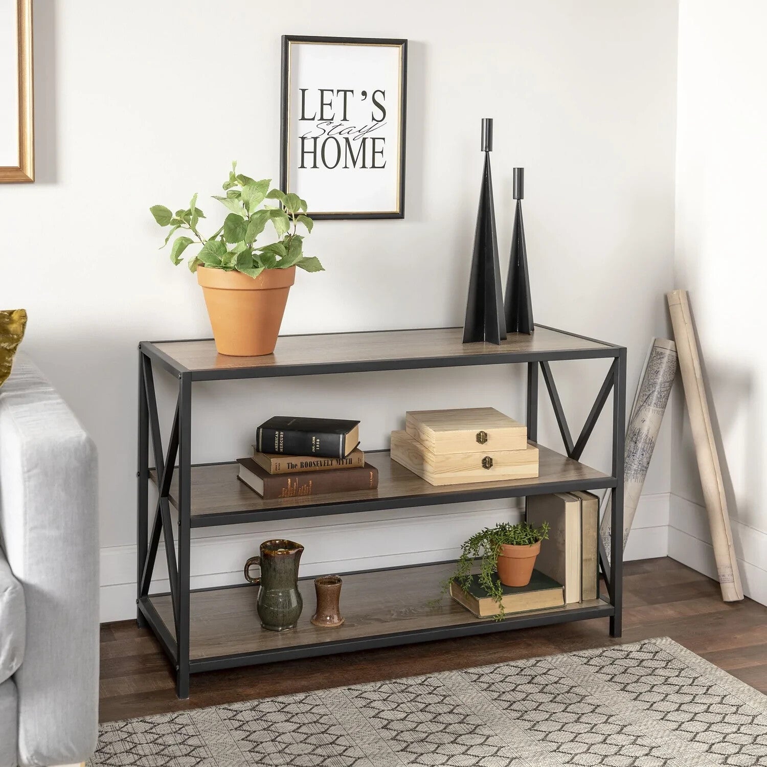 Walker Edison X-Frame Industrial Wood Bookcase â€“ Driftwood