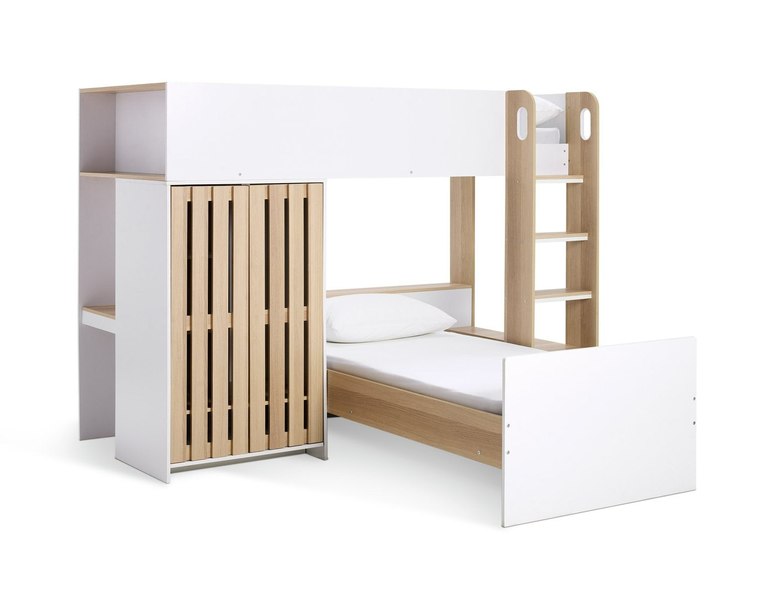 Norah L Shaped Single Bunk Bed- White & Oak | bunk bed for small room