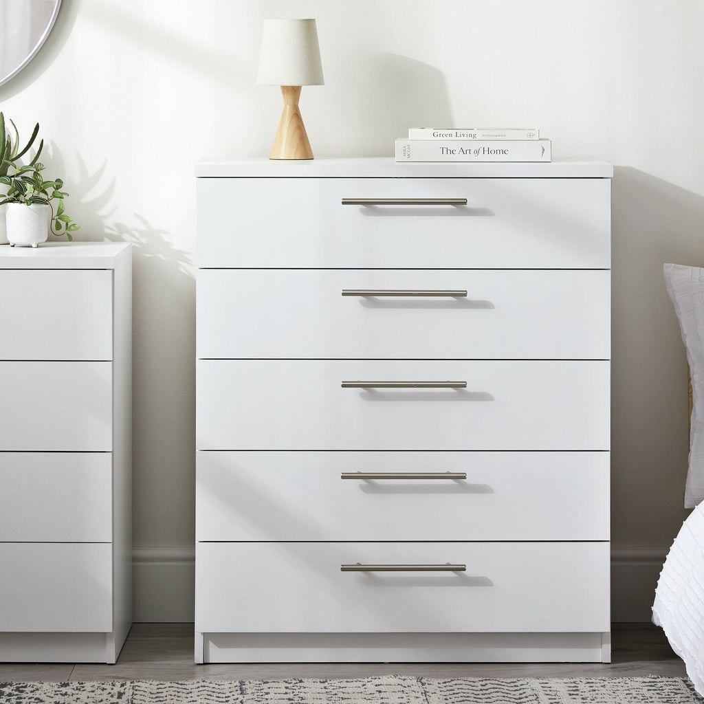 Home Brisbane 5 Drawer Chest White | Modern Storage Cabinet Dresser Furniture