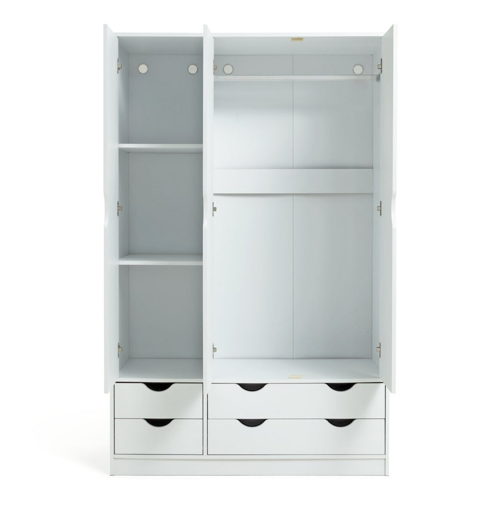 Kids Pagnell 3 Door 4 Drawer Wardrobe - White | large kids wardrobe