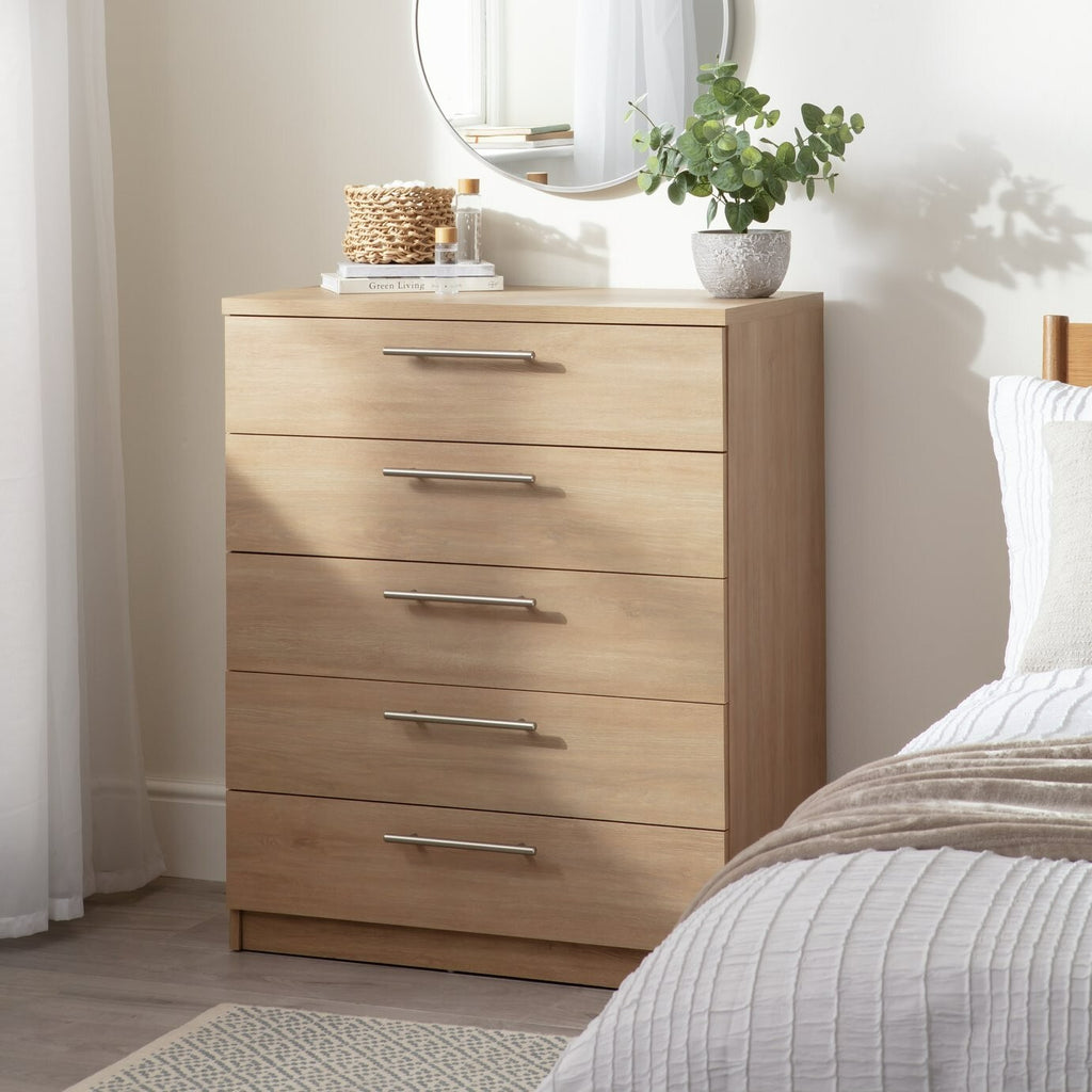 Home Brisbane 5 Drawer Chest | Tall Bedroom Storage Cabinet Drawers Unit Grey