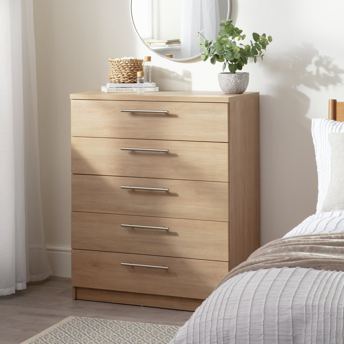 Home Brisbane 5 Drawer Chest | Tall Bedroom Storage Cabinet Drawers Unit Grey