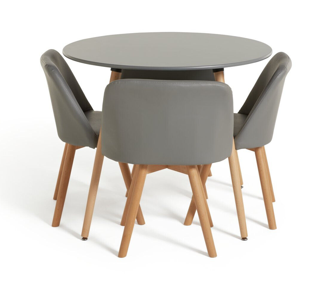 Habitat Quattro Modern Round Dining Table and 4 Chairs Grey Faux Leather Kitchen
