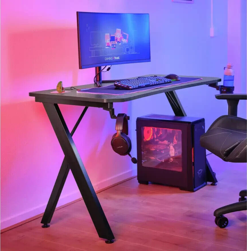Trust GXT700 Omnius Gaming Desk - Black | Gaming Table Cup Holder Headset Hook