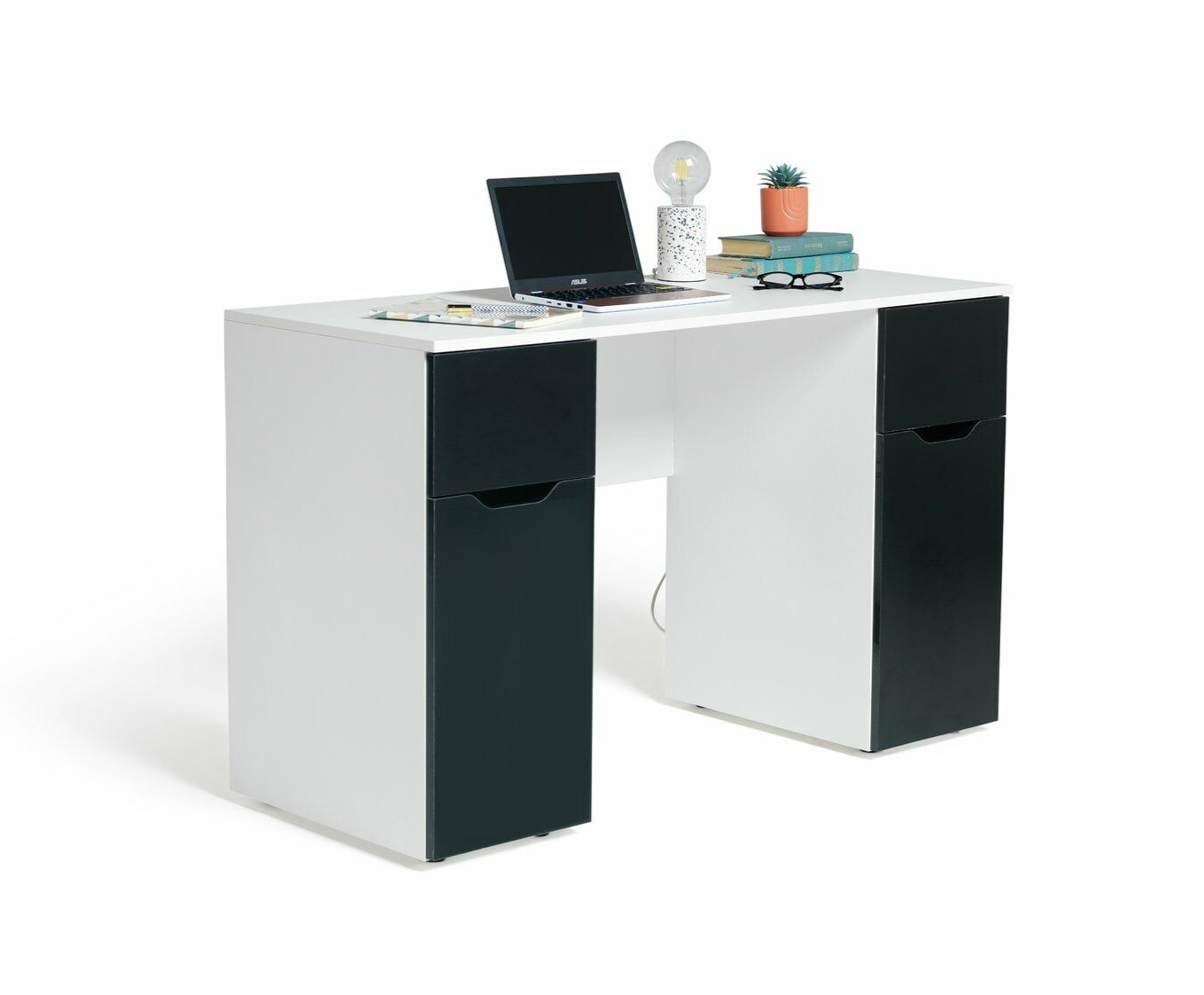 Habitat Pob Double Pedestal Desk - Black | Workstation Storage Drawers Shelves