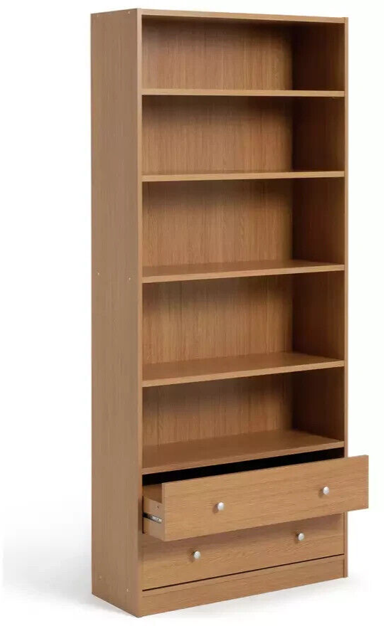 Maine 5 Shelf Bookcase With 2 Drawers Storage Unit Display Cabinet - Oak Effect