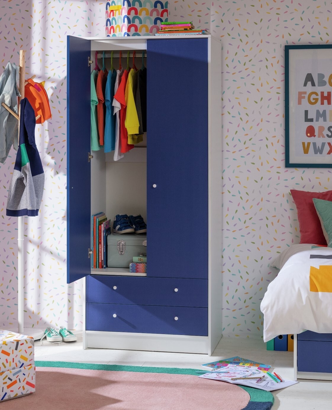 Malibu Kids 2 Door 2 Drawer Wardrobe White & Blue ( B Grade 32814 )