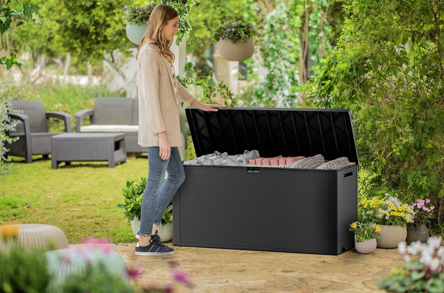 Keter Emily 277L Outdoor Garden Storage Box - Grey | Grey Plastic Storage Chest