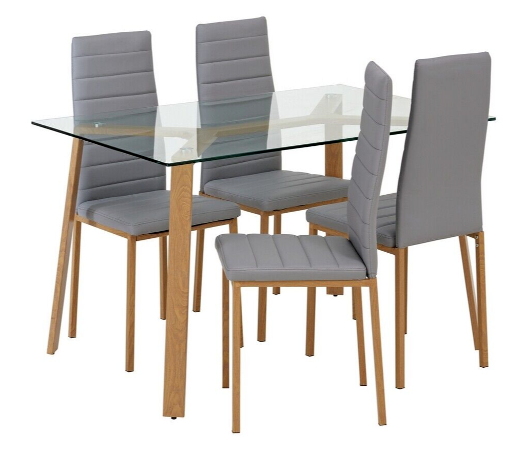 Home Helena Glass Dining Table & 4 Grey Chairs | Modern Kitchen Dining Room Set