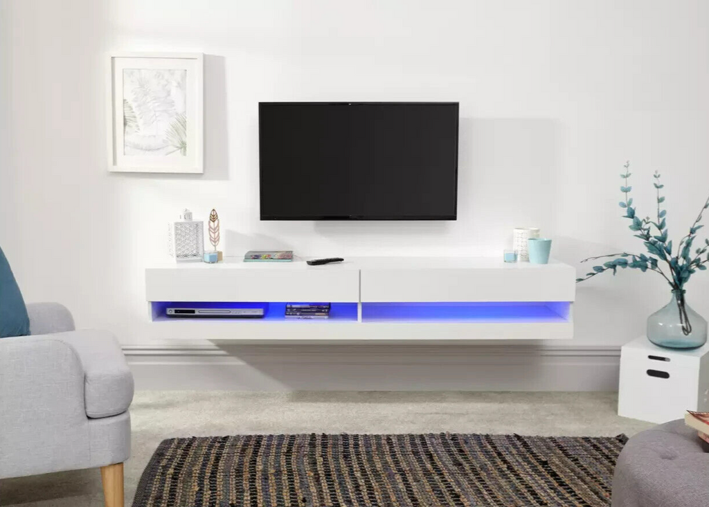GFW Galicia 150cm LED Wall TV Unit - White | White Floating TV Cabinet Modern LE