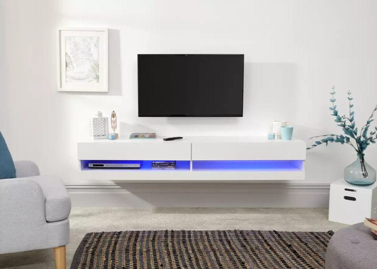 GFW Galicia 150cm LED Wall TV Unit - White | White Floating TV Cabinet Modern LE