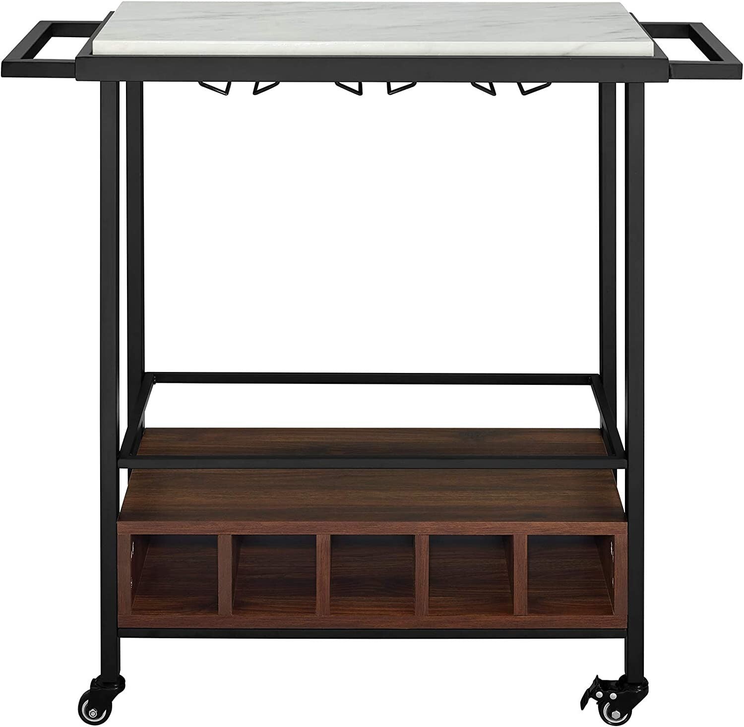 Modern Industrial Bar Serving Cart - White Marble & Dark Walnut