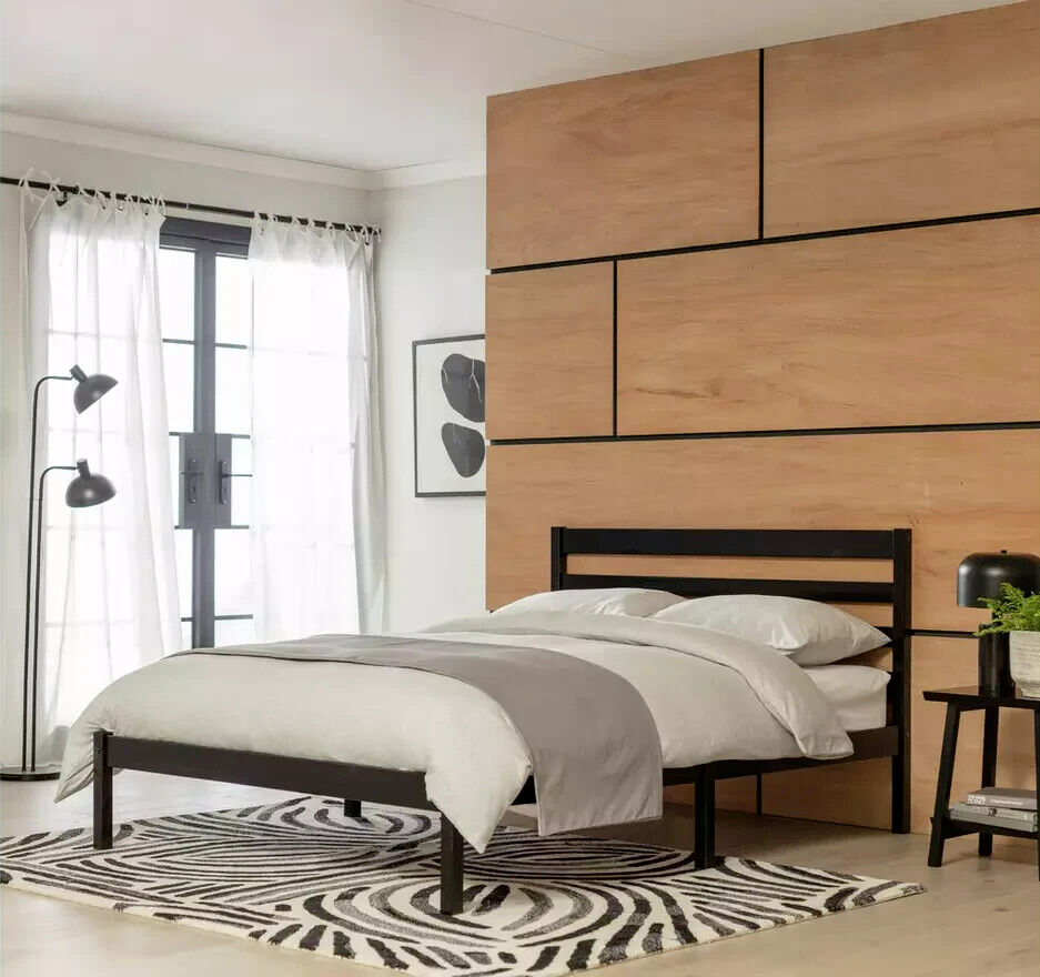 Home Kaycie Double Wooden Bed Frame - Black | Sturdy Durable Support Base Bed