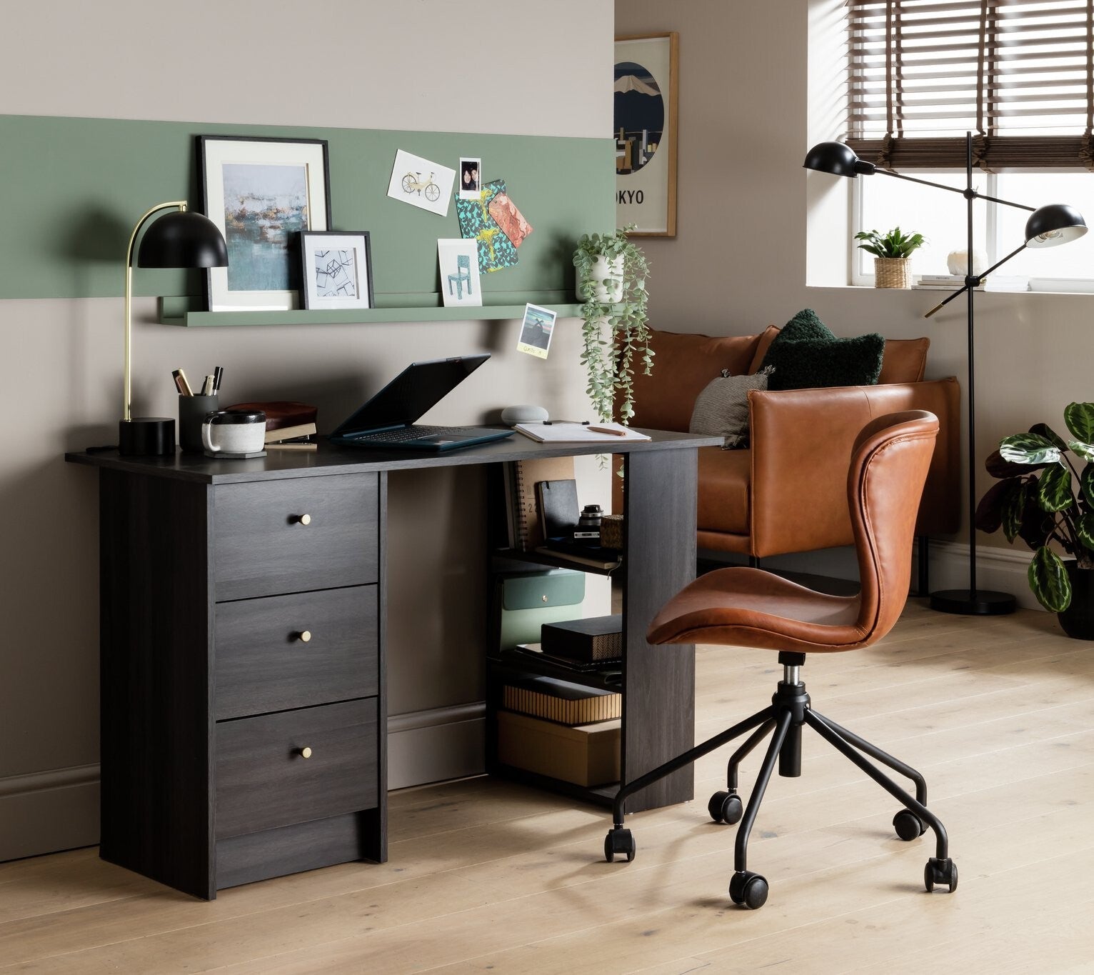 Home Malibu 3 Drawer Office Desk - Black & Brown | Study Workspace Table Storage