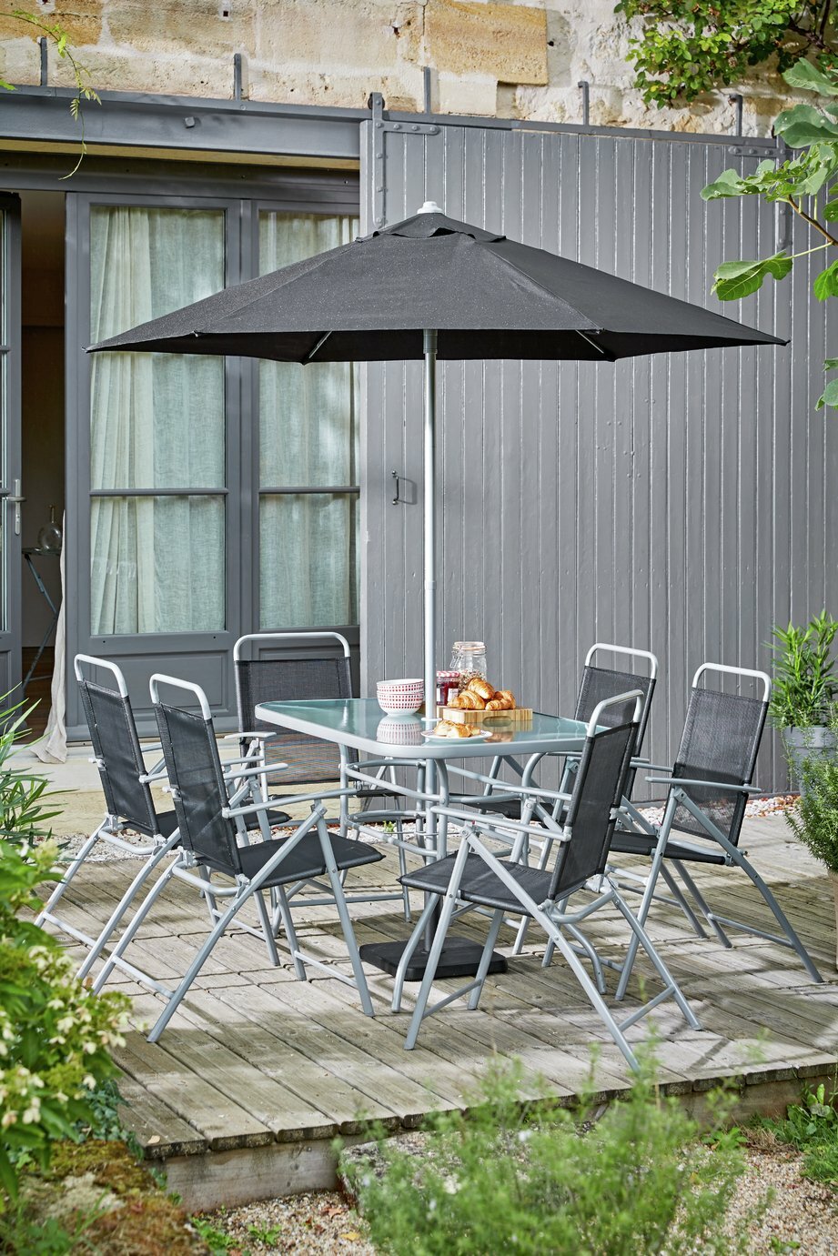 Home Pacific 6 Seater Folding Metal Patio Set - Black | Furniture With Parasol