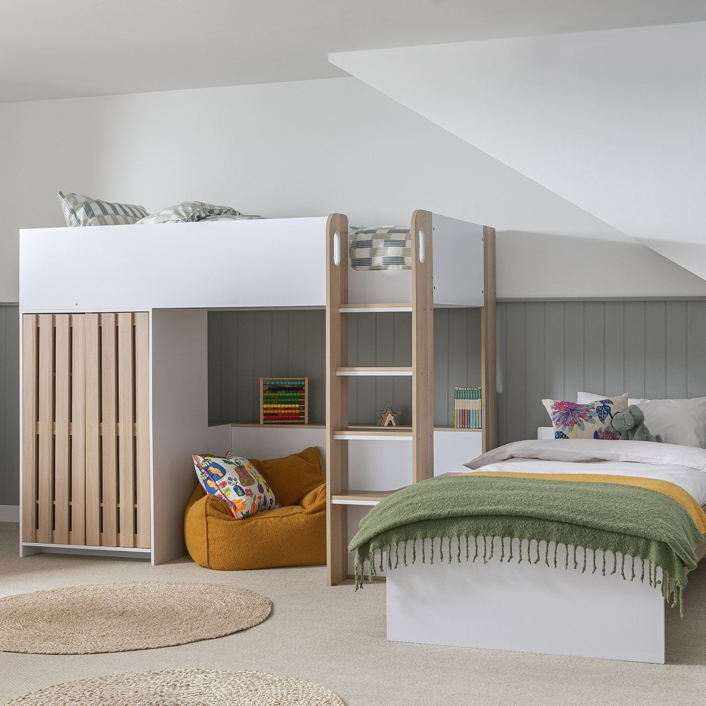 Norah L Shaped Single Bunk Bed- White & Oak | bunk bed for small room