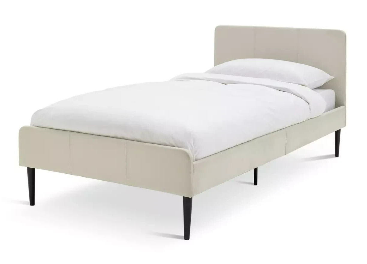 Kristopher Single Fabric Bed Frame - Cream | Upholstered Linen Look, Black Metal