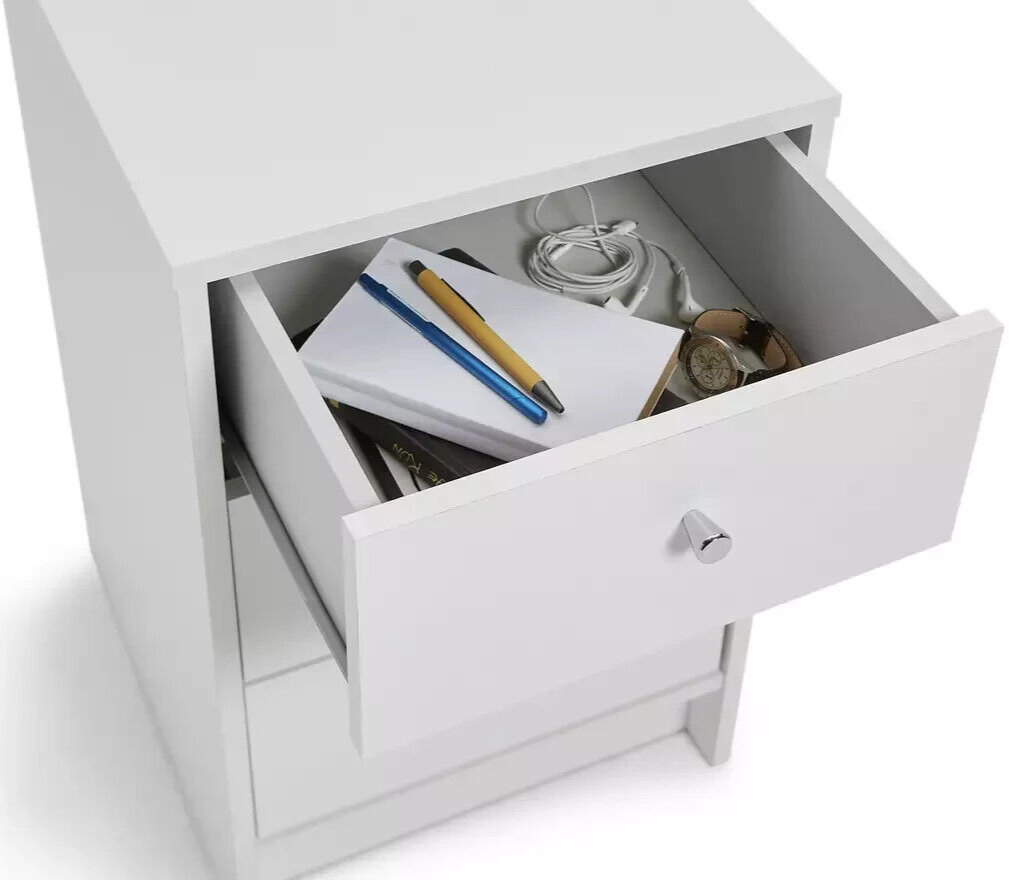 Malibu 3 Drawer Bedside Table - White | Nightstand Storage for Bedroom