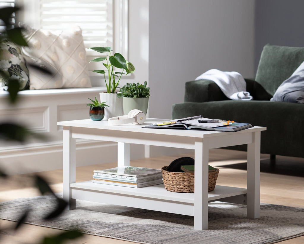 Home Malibu Coffee Table - White | Rectangular Living Room Table Storage Shelf
