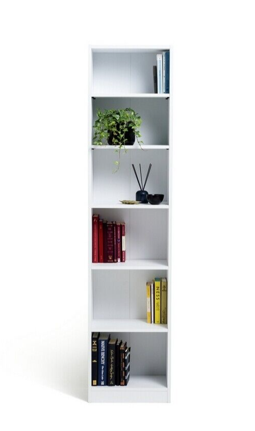 Maine Narrow 6 Shelf Bookcase - Shelving Storage Unit Display Cabinet - White