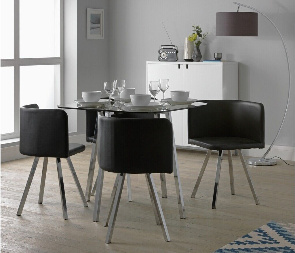 Elsie Glass Modern Dining Table 4 Chairs Black Faux Leather For Kitchen