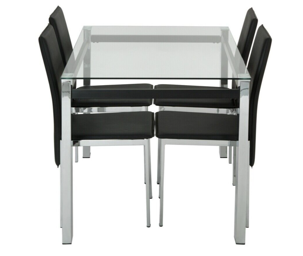 Home Fitz Glass Dining Table & 4 Black Chairs | Modern Kitchen Furniture Set
