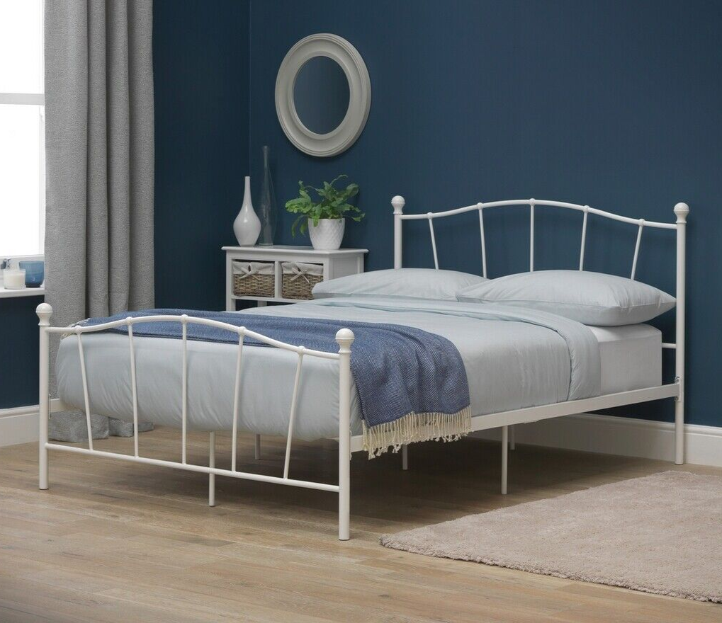 Home Fleur Double Metal Bed Frame White | Sturdy Bedroom Base with Headboard