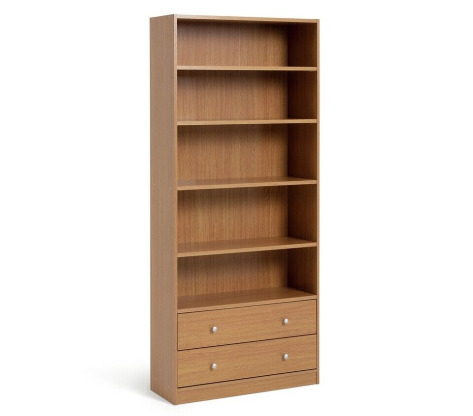 Maine 5 Shelf Bookcase With 2 Drawers Storage Unit Display Cabinet - Oak Effect