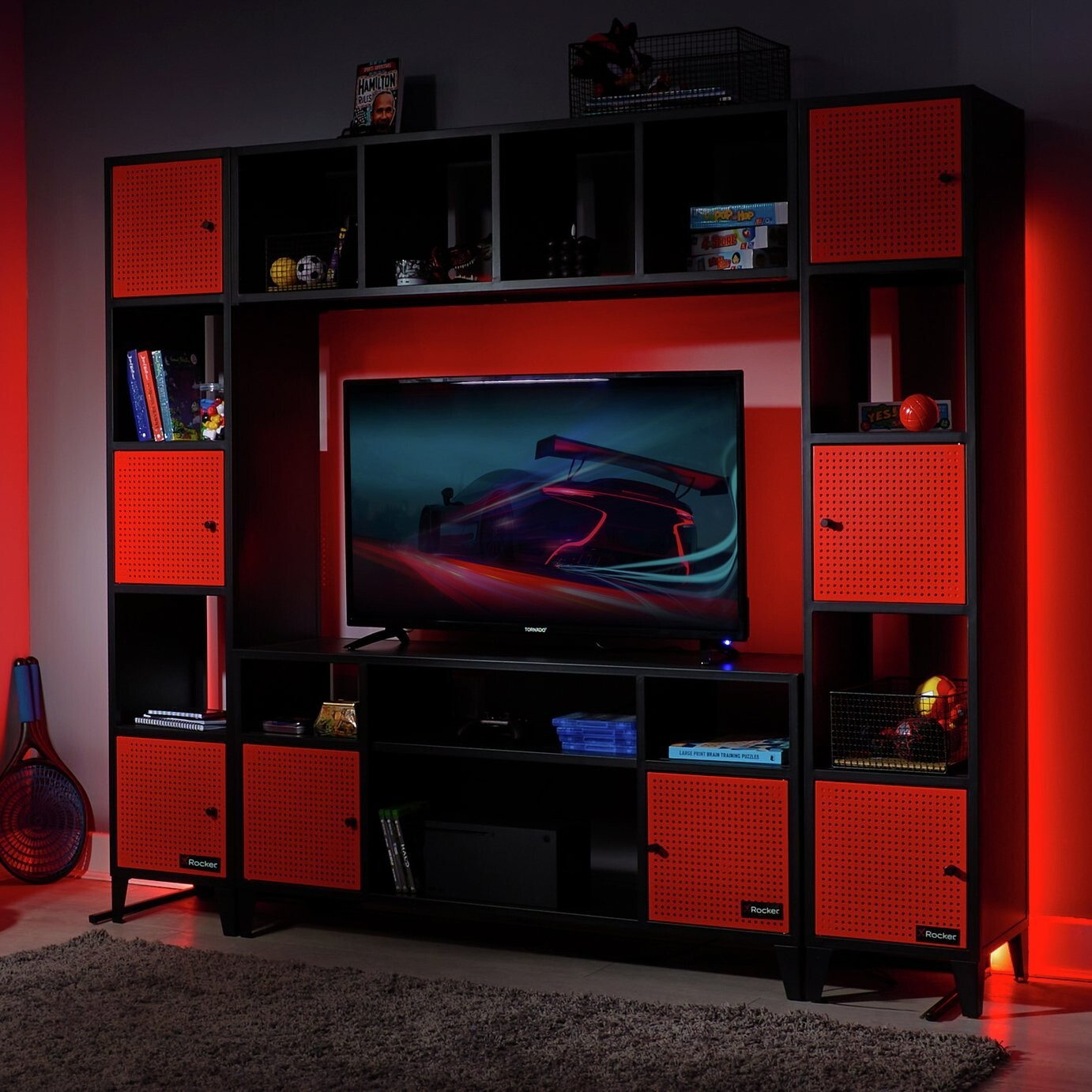 X Rocker Mesh-Tek 2 Door TV Unit - Black & Red