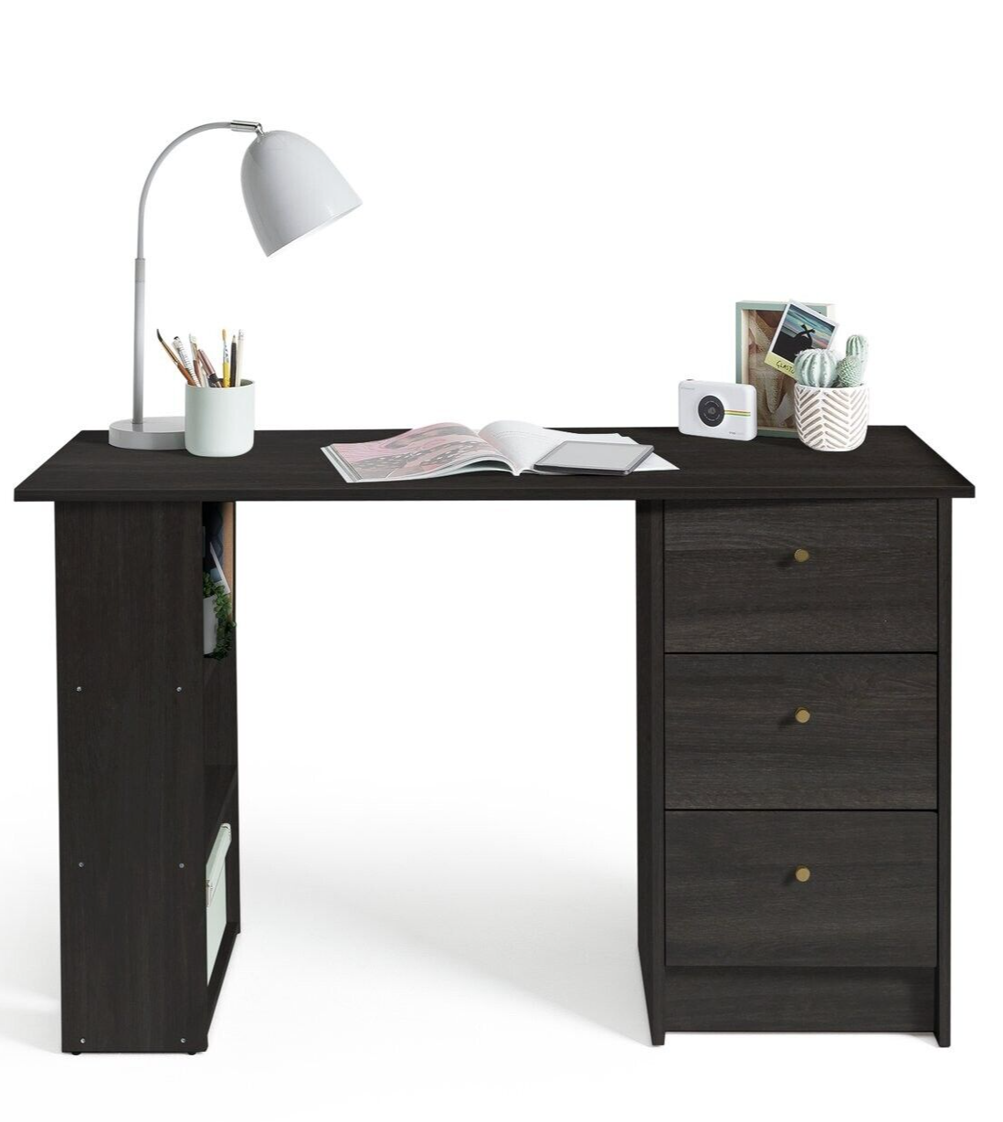 Home Malibu 3 Drawer Office Desk - Black & Brown | Study Workspace Table Storage