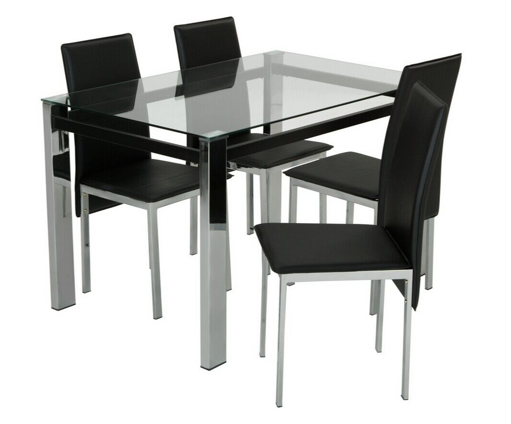 Home Fitz Glass Dining Table & 4 Black Chairs | Modern Kitchen Furniture Set
