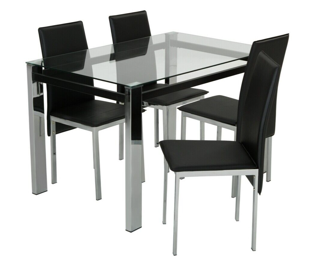 Home Fitz Glass Dining Table & 4 Black Chairs | Modern Kitchen Furniture Set