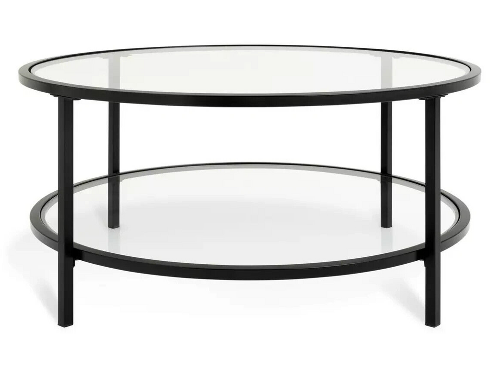 Home Boutique Round Coffee Table - Black | Glass Top Modern Living Room Table