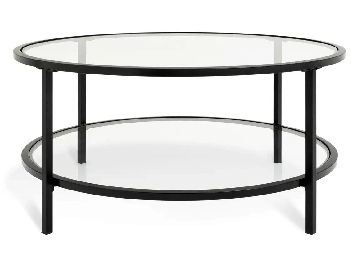 Home Boutique Round Coffee Table - Black | Glass Top Modern Living Room Table