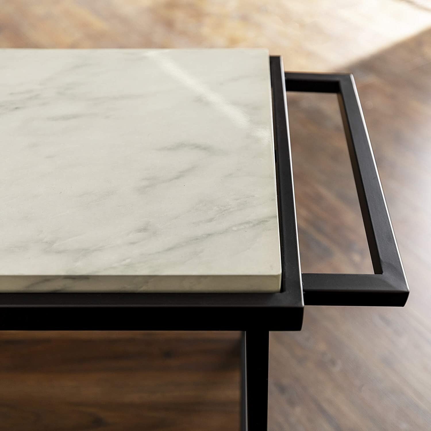 Modern Industrial Bar Serving Cart - White Marble & Dark Walnut