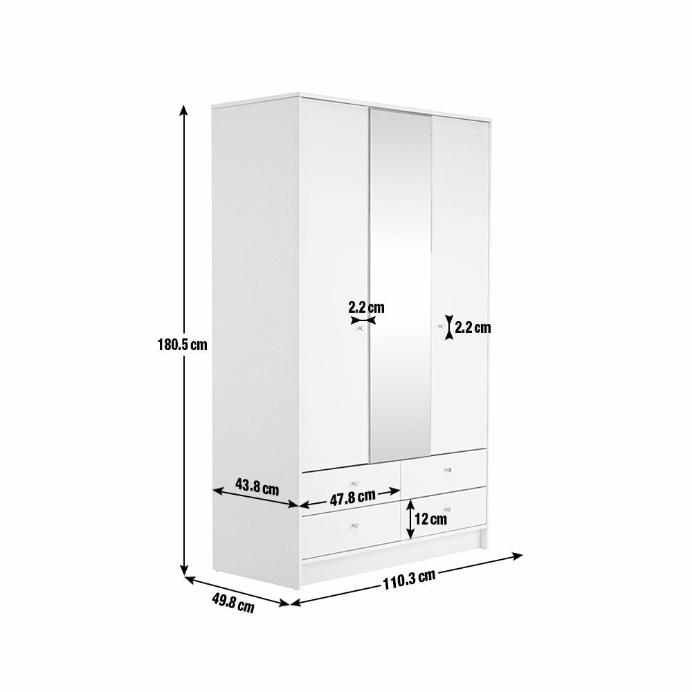 Home Malibu 3 Door 4 Drawer Mirror Wardrobe - White | wardrobe with mirror