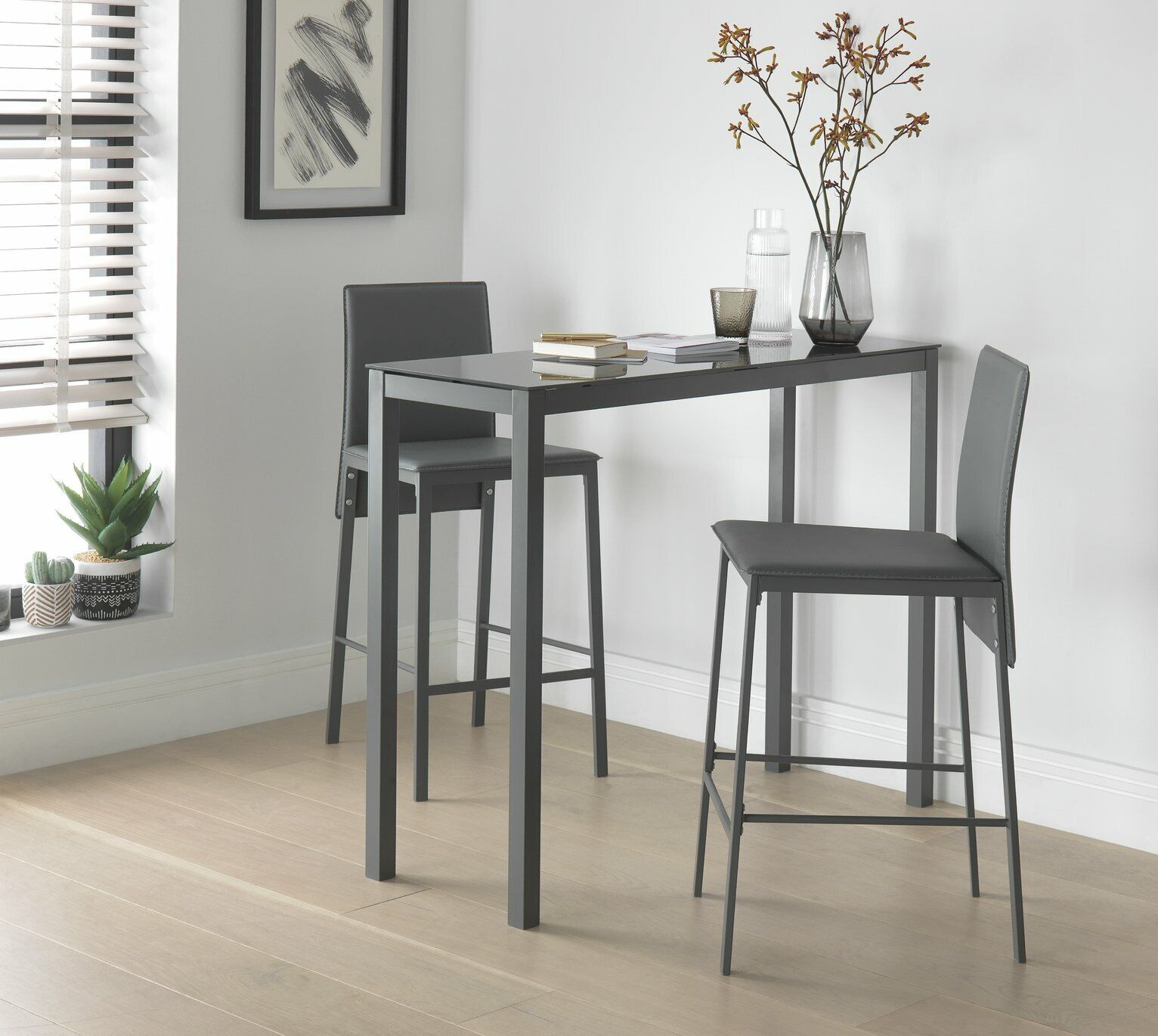 Lido Glass Bar Table & 2 Grey Chairs | Modern Kitchen Breakfast Dining Set