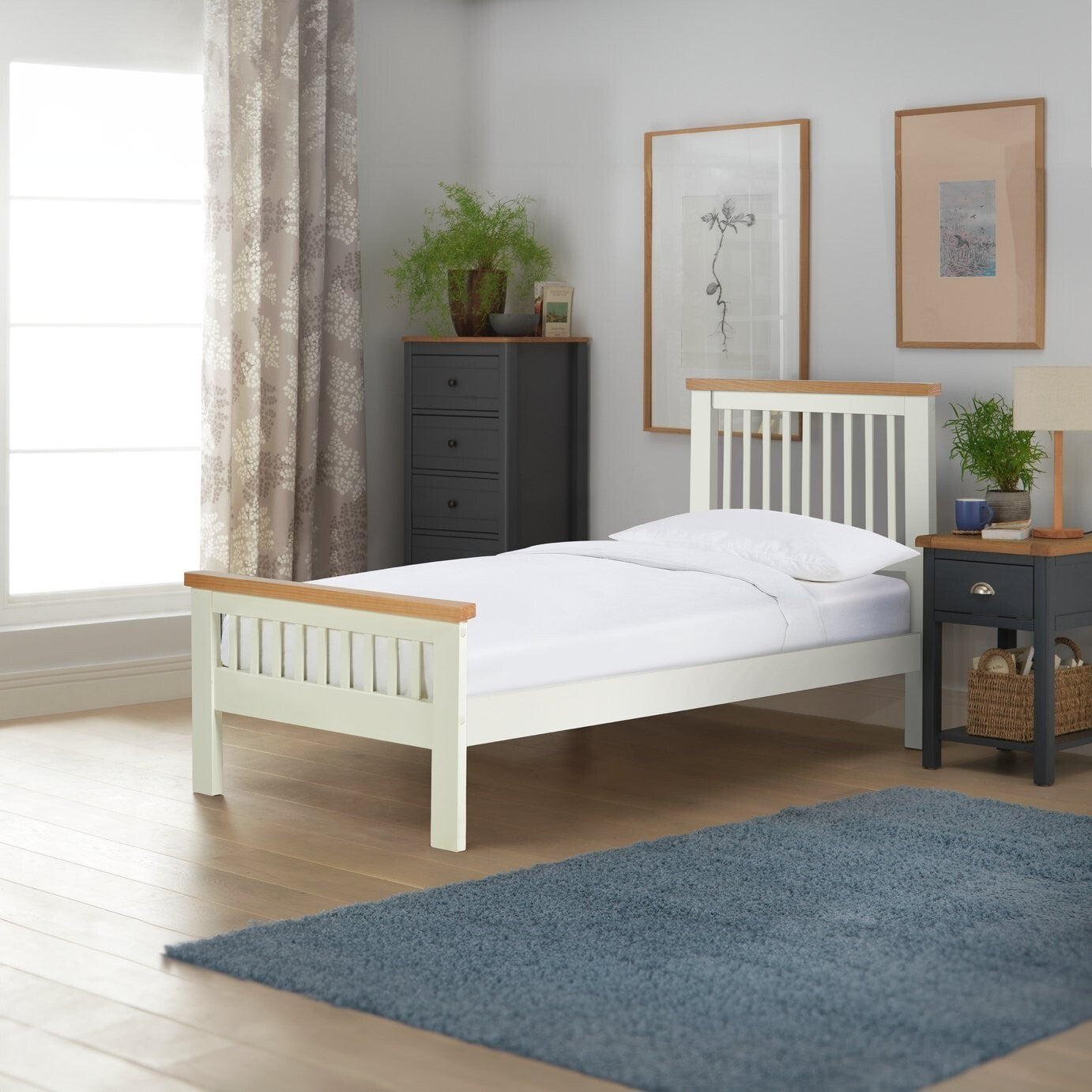 Aubrey Single Wooden Bed Frame Two Tone | Shaker Style Solid Pine Cream Oak