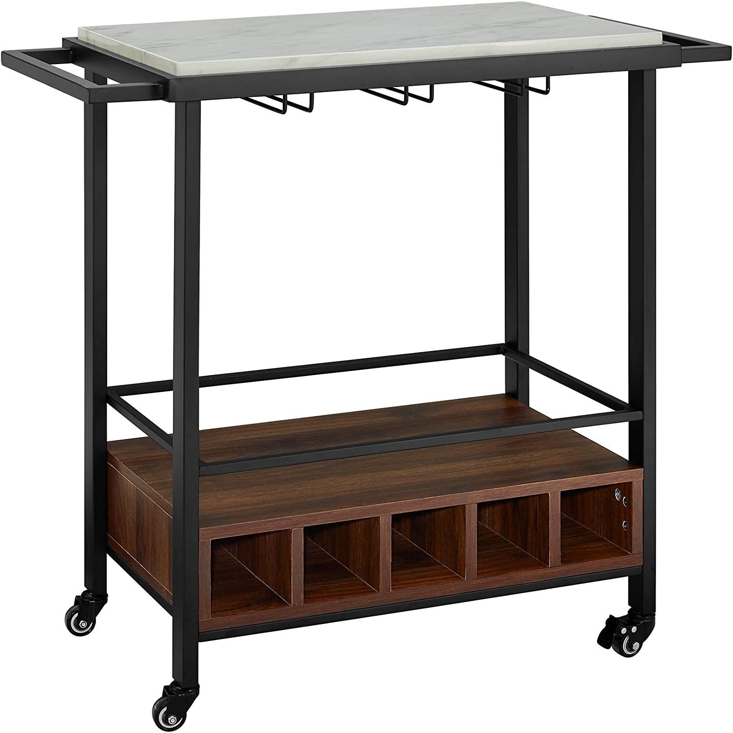 Modern Industrial Bar Serving Cart - White Marble & Dark Walnut