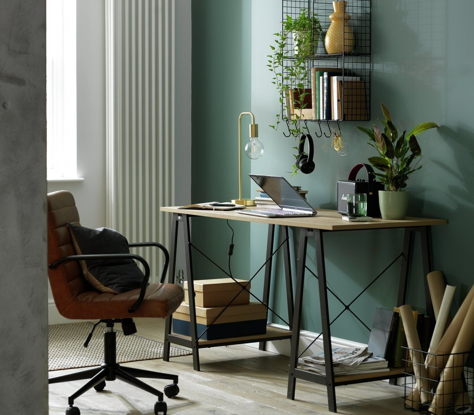 Habitat Trestle Table Office Desk Oak Effect | Industrial Style Home Office Desk