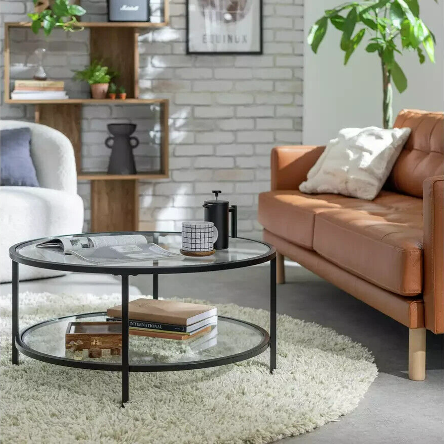 Home Boutique Round Coffee Table - Black | Glass Top Modern Living Room Table