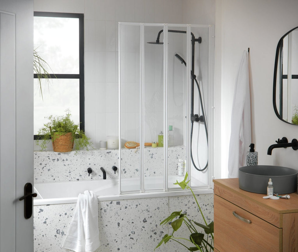 Home 3mm 4 Fold Bath Screen White | Shower Enclosure for Bathroom Space Saver