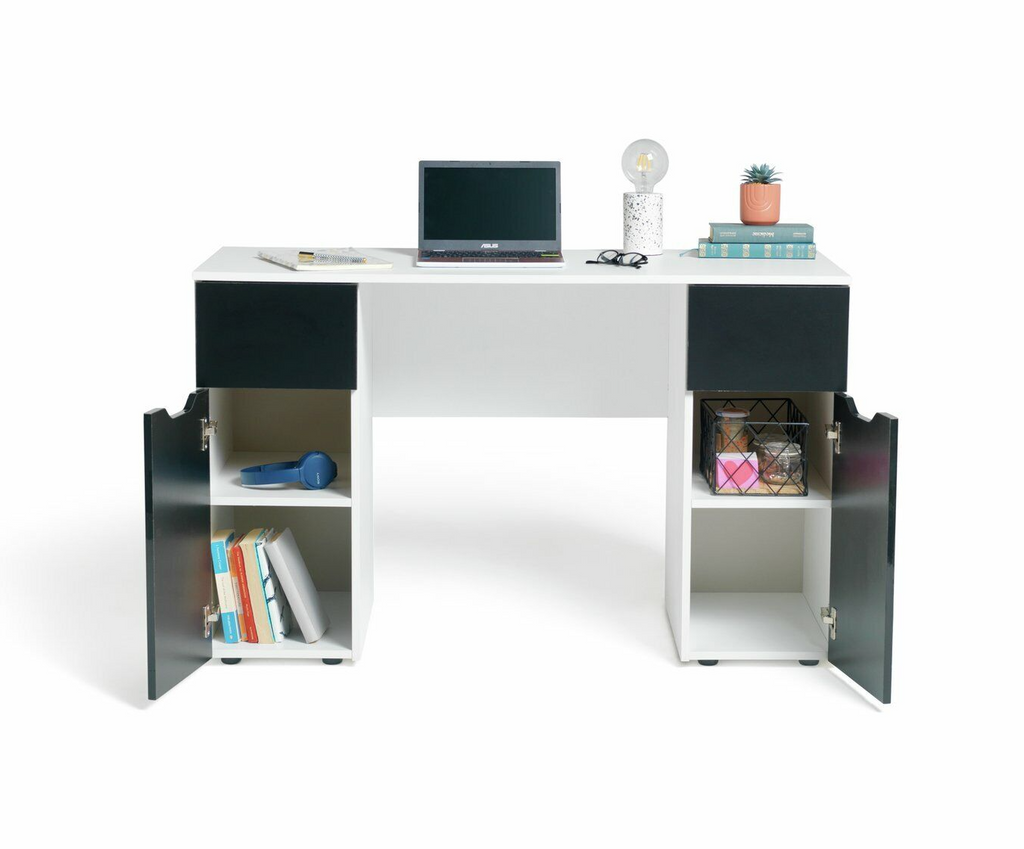 Habitat Pob Double Pedestal Desk - Black | Workstation Storage Drawers Shelves