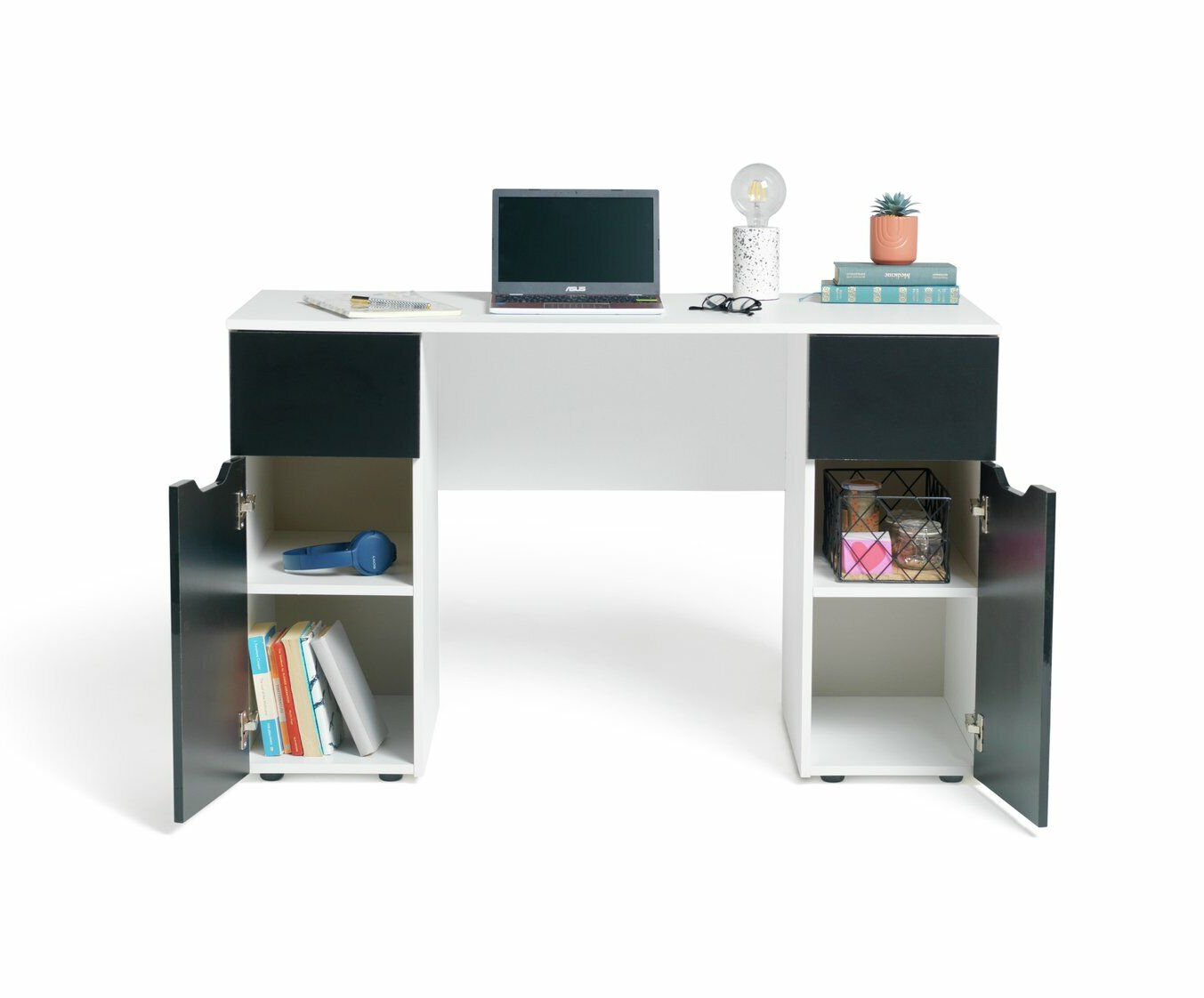 Habitat Pob Double Pedestal Desk - Black | Workstation Storage Drawers Shelves