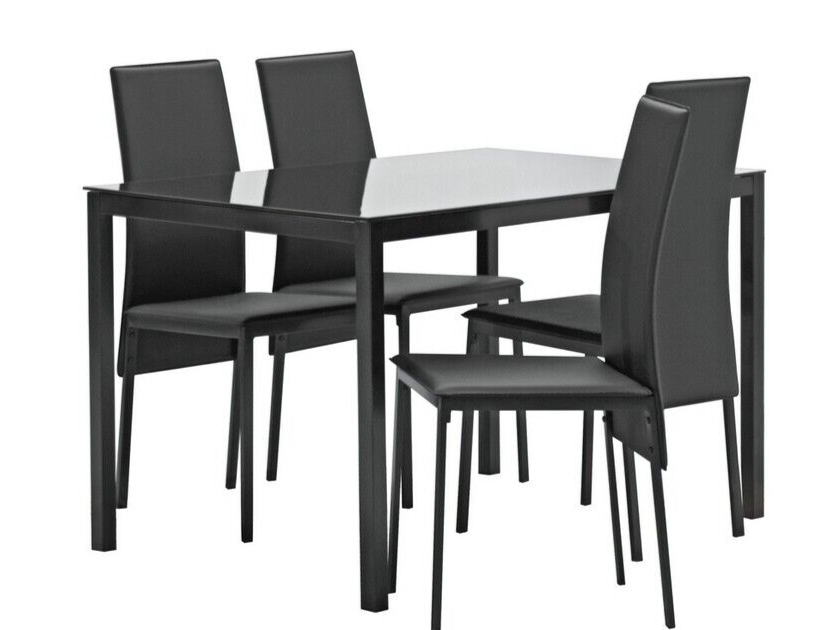 Lido Glass Dining Table 4 Chairs in Black 120cm For Kitchen or Living Room