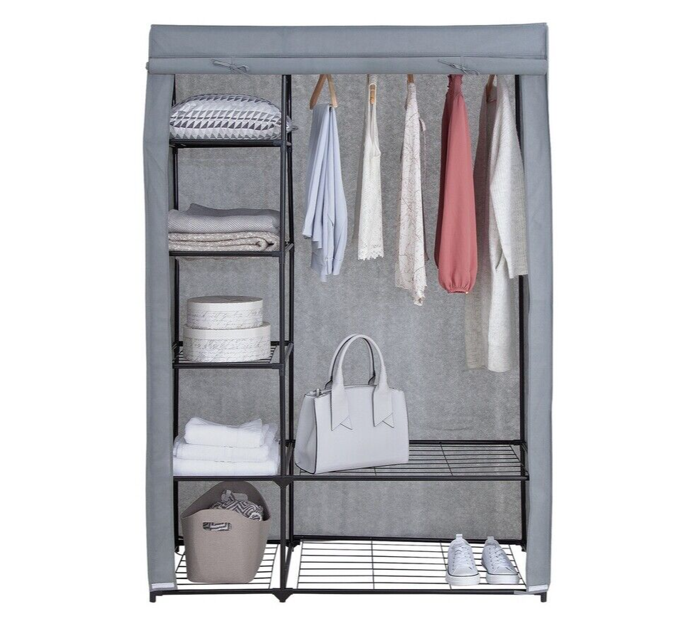 Home Covered Double Wardrobe with Storage - Grey | Bedroom Clothes Organizer