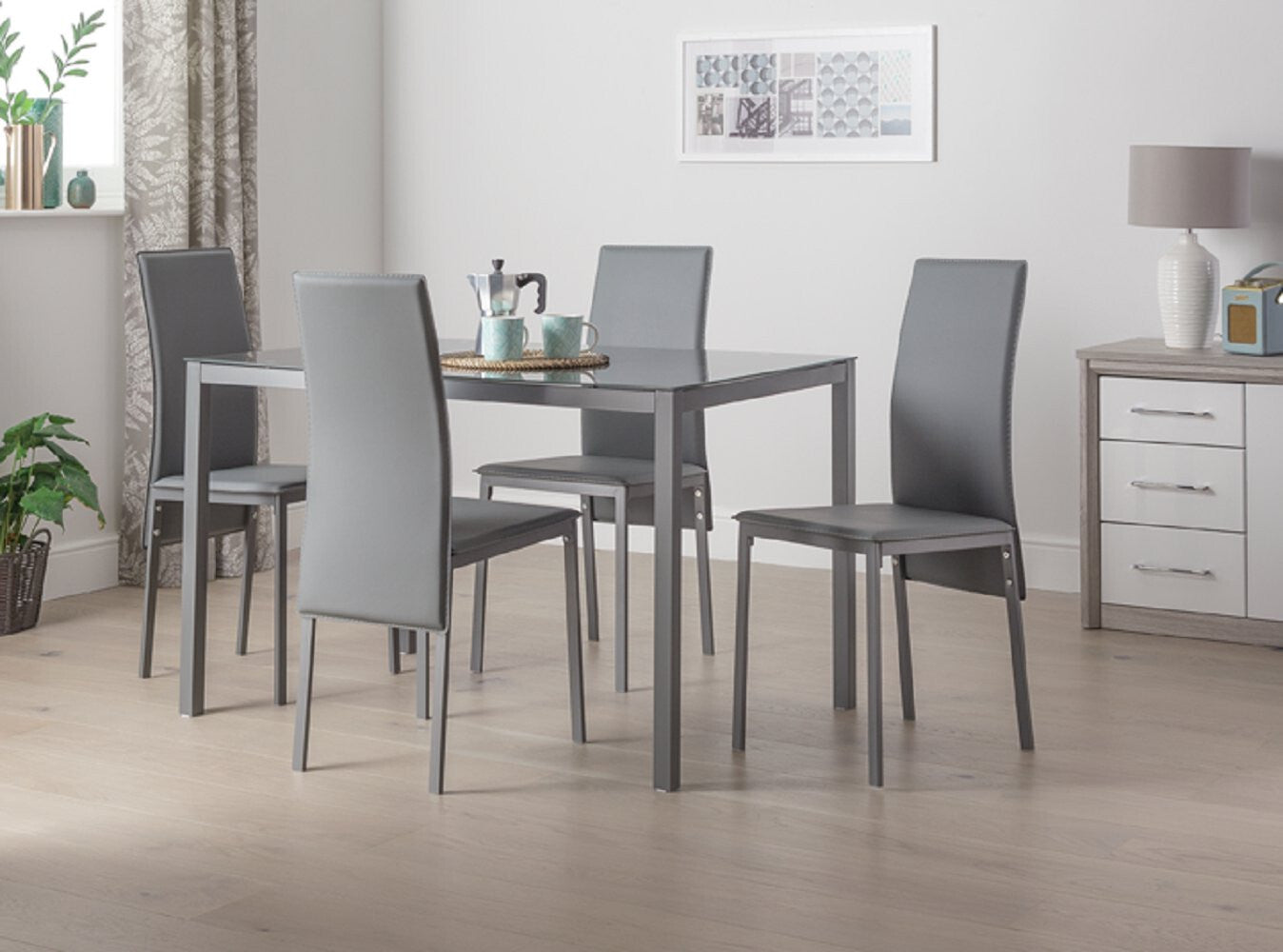 Home Lido Glass Dining Table & 4 Grey Chairs | Modern Kitchen Furniture