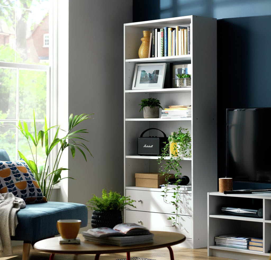 Maine 5 Shelf Bookcase With 2 Drawers Storage Unit Display Cabinet - White