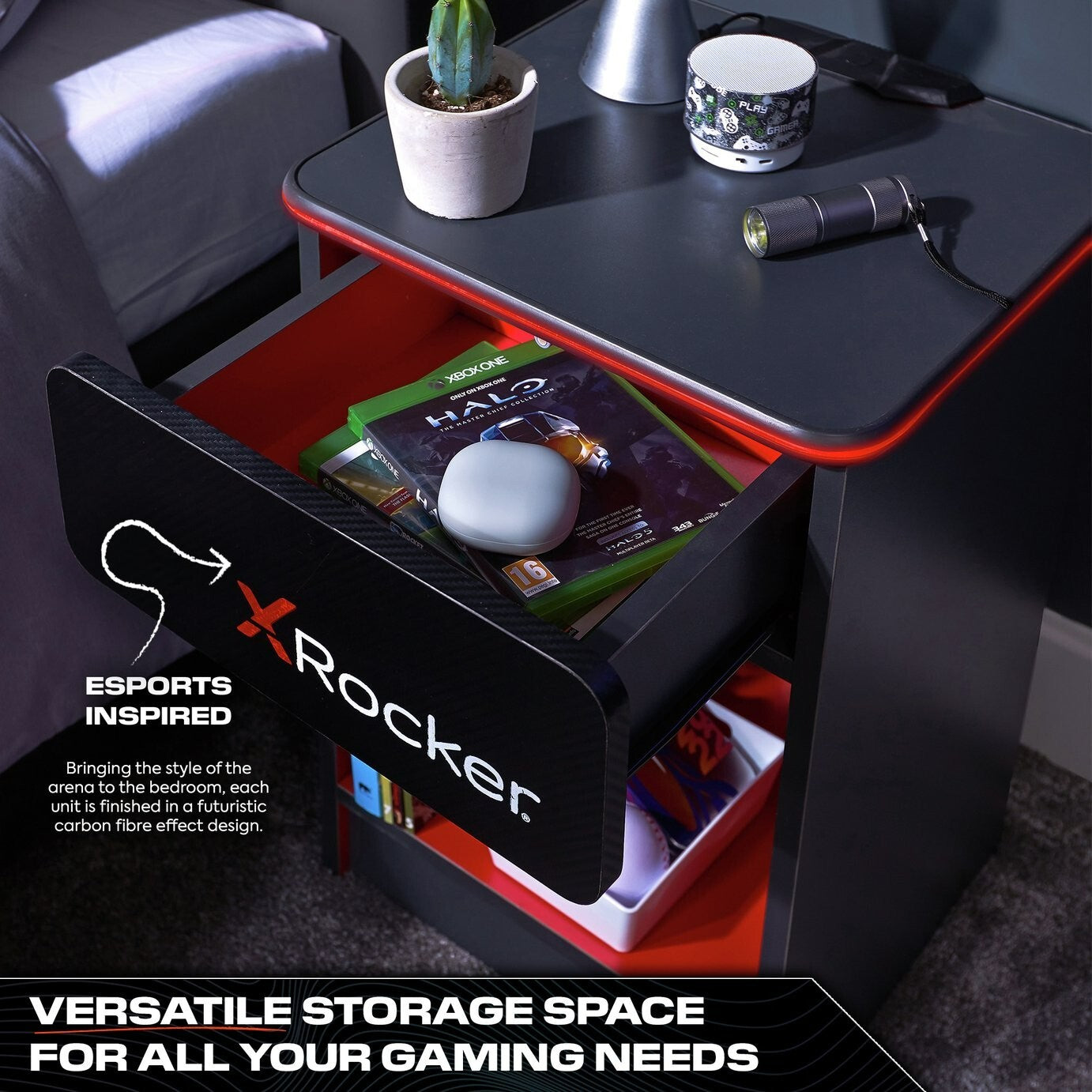 X Rocker Carbon Tek Wireless Charging Bedside Table - Red